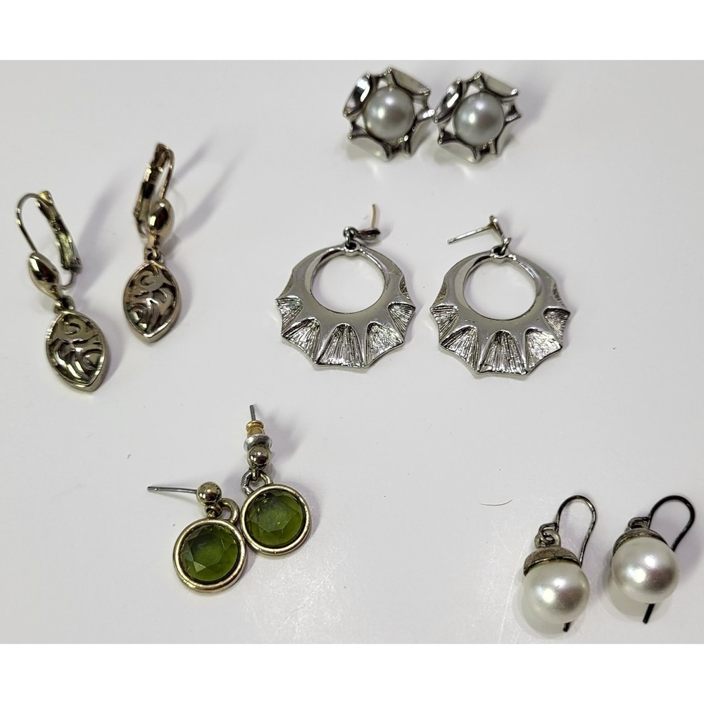 5 Pairs Vintage Silver Tone Drop Pierced Earrings Lot